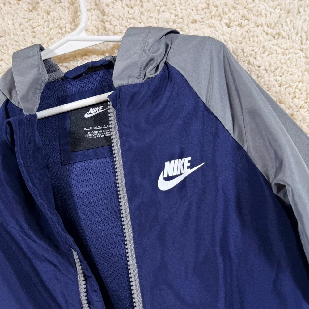 Nike Dri-FIT Windbreaker Jacket 4T Navy Grey Hooded Full Zip Rain